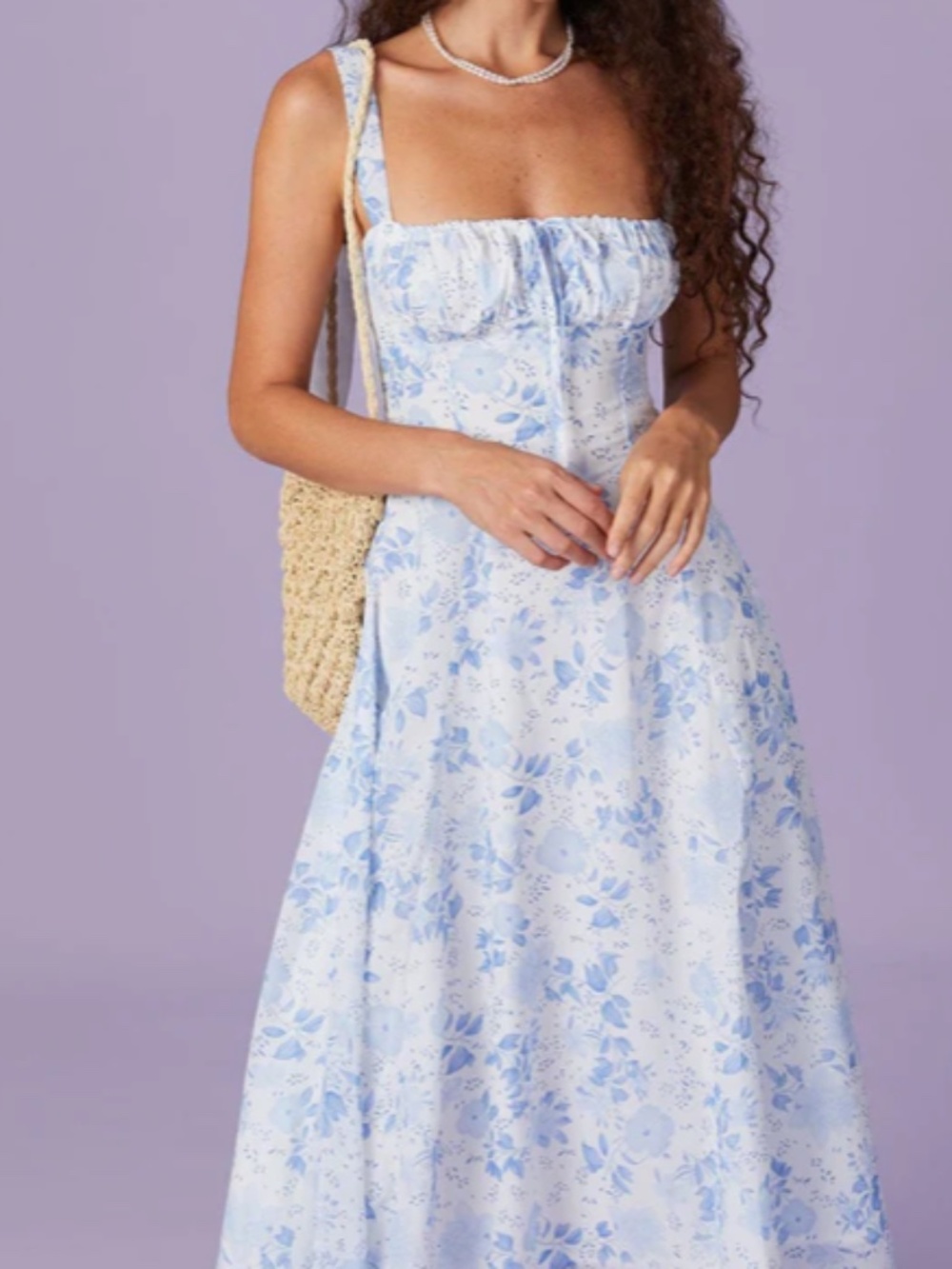 Rihoas Blue Floral Square Neck Ruched Midi Dress M